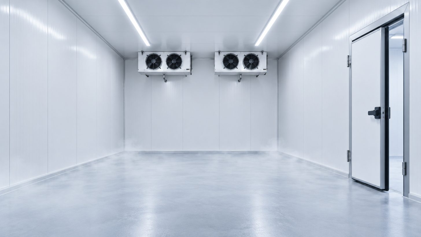 Empty walk-in cold room built from white insulated panels with two ceiling evaporators